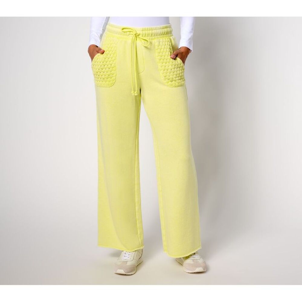 Peace Love World Women's Petite Pants PL French Terry Crochet Blonde